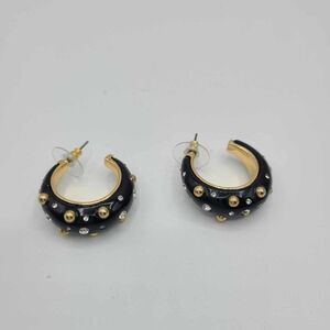 J Crew Black Resin Gold Tone Hoop Earrings with Crystals NWOT!